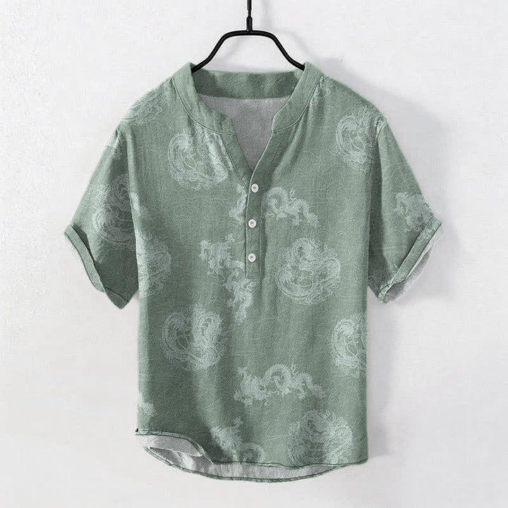 Buddha Stones Cotton Faded Indigo Dragon Pattern Men's Short Sleeve Half Button Shirt - LightGreen - US/UK/AU50，EU60 (5XL) - image 7