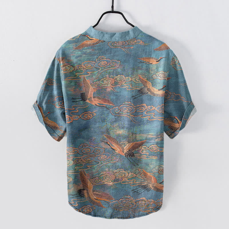 Buddha Stones Cotton Flying Crane Cloud Pattern Men's Short Sleeve Half Button Shirt - image 1