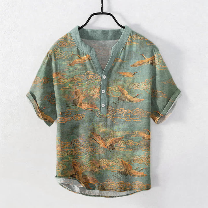 Buddha Stones Cotton Flying Crane Cloud Pattern Men's Short Sleeve Half Button Shirt - SeaGreen - US/UK/AU50，EU60 (5XL) - image 5