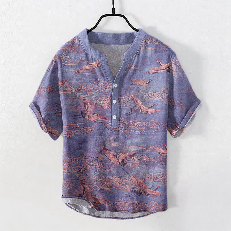 Buddha Stones Cotton Flying Crane Cloud Pattern Men's Short Sleeve Half Button Shirt - MediumPurple - US/UK/AU50，EU60 (5XL) - image 7