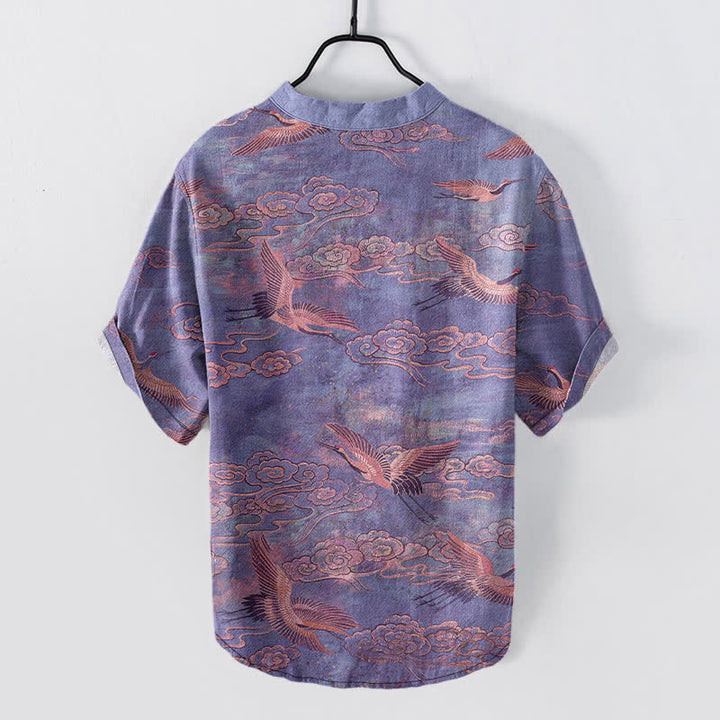 Buddha Stones Cotton Flying Crane Cloud Pattern Men's Short Sleeve Half Button Shirt - image 8
