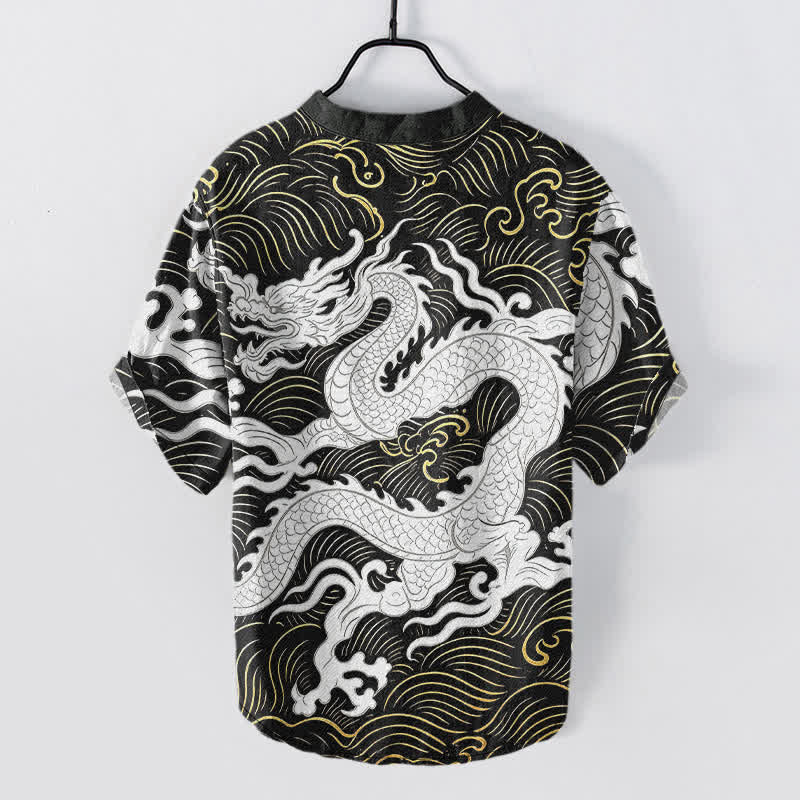 Buddha Stones Cotton White Dragon Wave Pattern Men's Short Sleeve Half Button Shirt - image 1