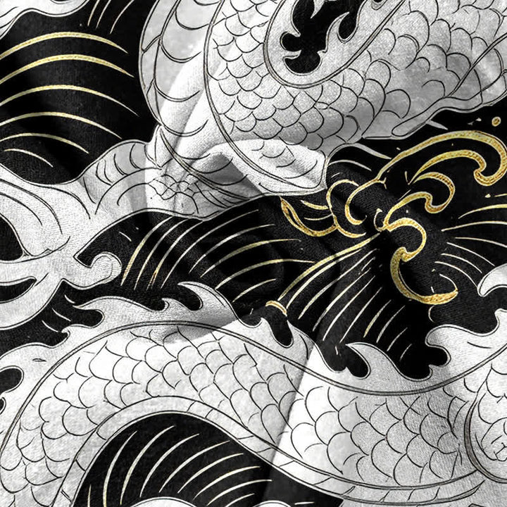 Buddha Stones Cotton White Dragon Wave Pattern Men's Short Sleeve Half Button Shirt - image 4