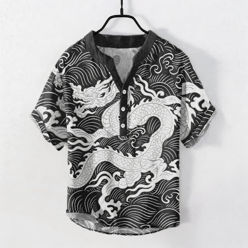 Buddha Stones Cotton White Dragon Wave Pattern Men's Short Sleeve Half Button Shirt - Silver - US/UK/AU50，EU60 (5XL) - image 5