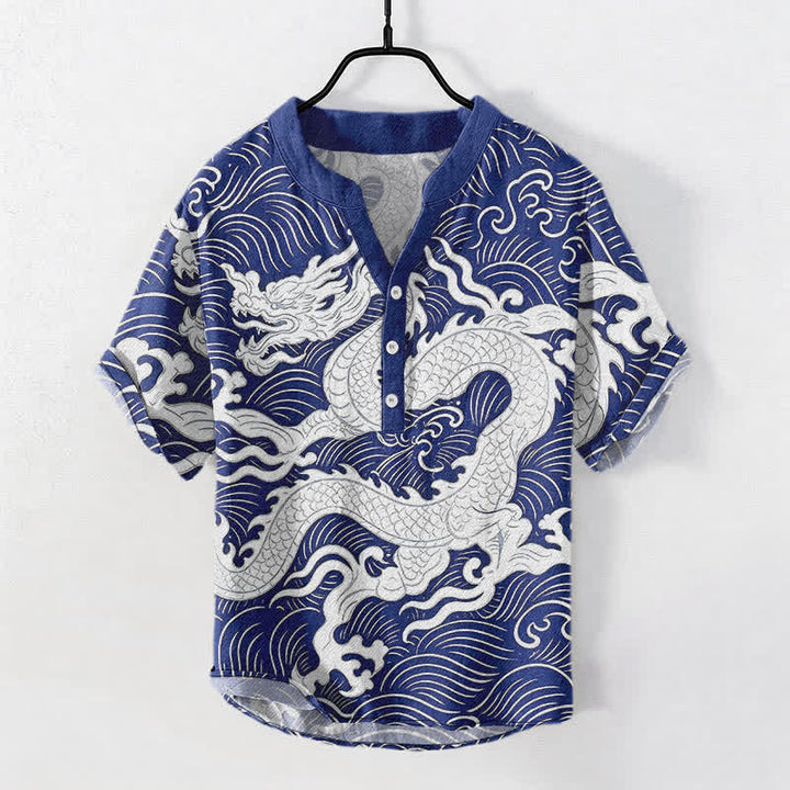 Buddha Stones Cotton White Dragon Wave Pattern Men's Short Sleeve Half Button Shirt - RoyalBlue - US/UK/AU50，EU60 (5XL) - image 7