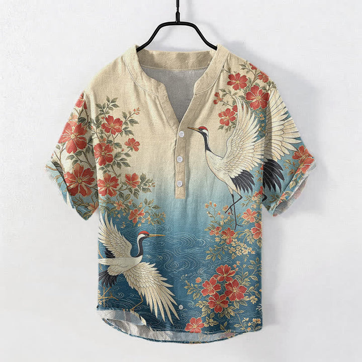 Buddha Stones Cotton Oriental Crane Floral Wave Pattern Men's Short Sleeve Half Button Shirt - SteelBlue - US/UK/AU50，EU60 (5XL) - image 0