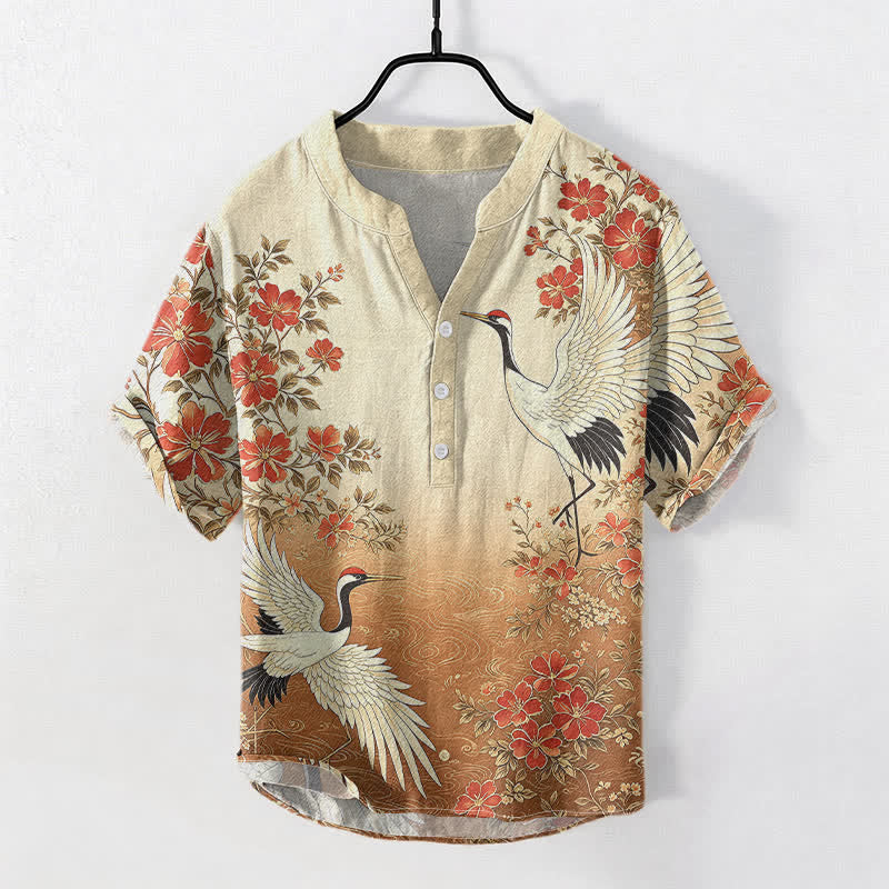 Buddha Stones Cotton Oriental Crane Floral Wave Pattern Men's Short Sleeve Half Button Shirt - Peru - US/UK/AU50，EU60 (5XL) - image 3