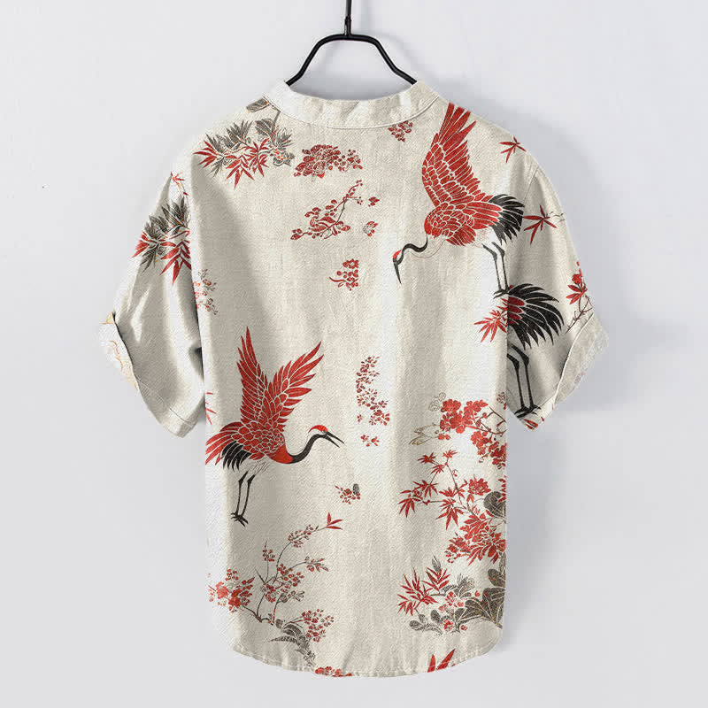 Buddha Stones Cotton Red Crane Floral Pattern Men's Short Sleeve Half Button Shirt - image 1