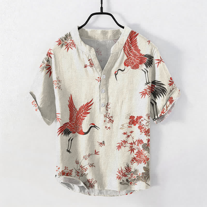 Buddha Stones Cotton Red Crane Floral Pattern Men's Short Sleeve Half Button Shirt - Linen - US/UK/AU50，EU60 (5XL) - image 0