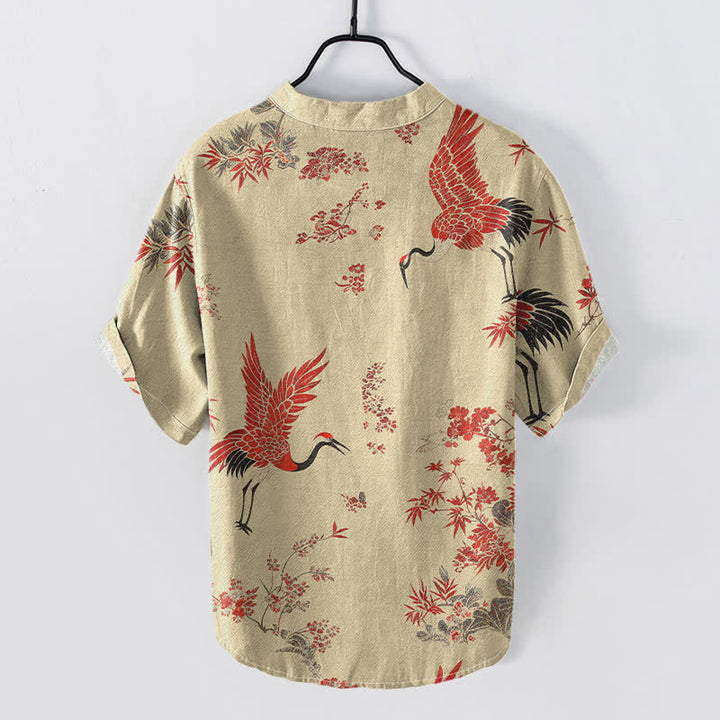 Buddha Stones Cotton Red Crane Floral Pattern Men's Short Sleeve Half Button Shirt - image 6