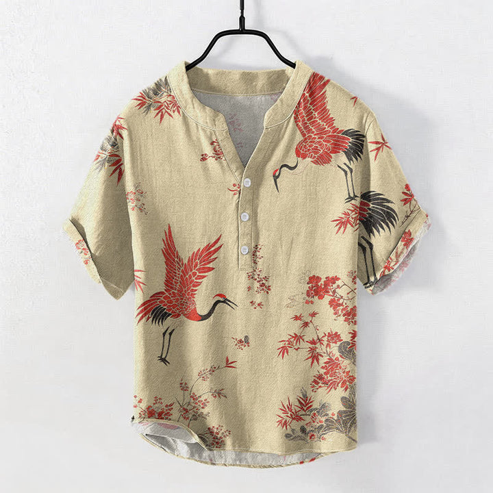 Buddha Stones Cotton Red Crane Floral Pattern Men's Short Sleeve Half Button Shirt - Wheat - US/UK/AU50，EU60 (5XL) - image 5
