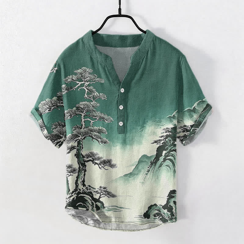 Buddha Stones Cotton Ink Wash Landscape Pattern Men's Short Sleeve Half Button Shirt - SeaGreen - US/UK/AU50，EU60 (5XL) - image 5