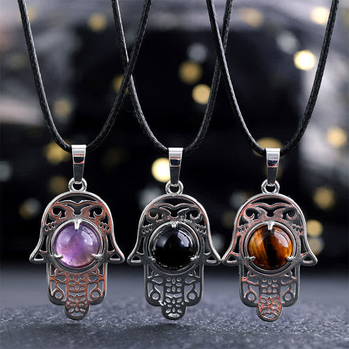 Buddha Stones Natural Black Obsidian Hamsa Palm Inlay Crystal Strength Necklace - image 0