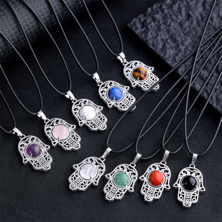 Buddha Stones Natural Black Obsidian Hamsa Palm Inlay Crystal Strength Necklace - image 20