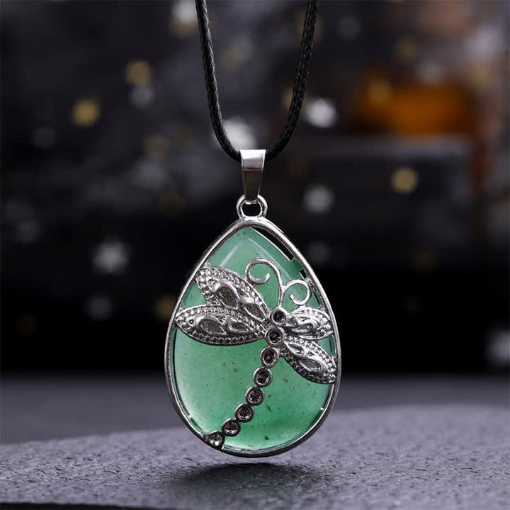 Buddha Stones Natural Green Aventurine Dragonfly Teardrop Shape Inlay Crystal Balance Necklace - Natural Green Aventurine(Color May Vary) - image 1
