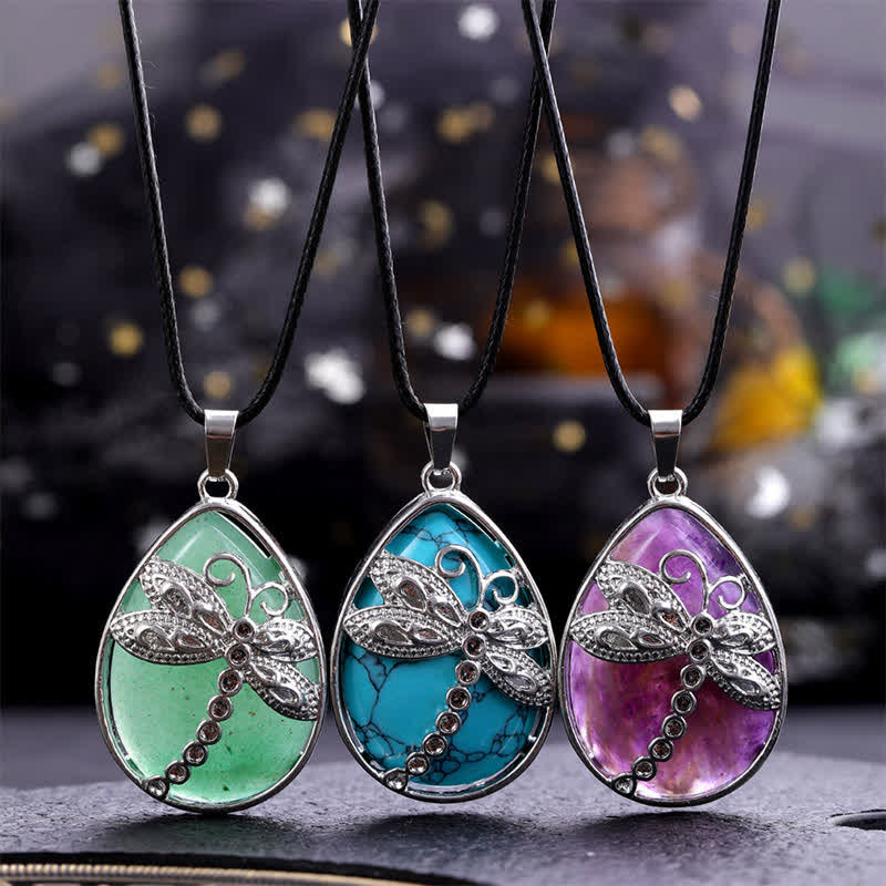 Buddha Stones Natural Green Aventurine Dragonfly Teardrop Shape Inlay Crystal Balance Necklace - image 0