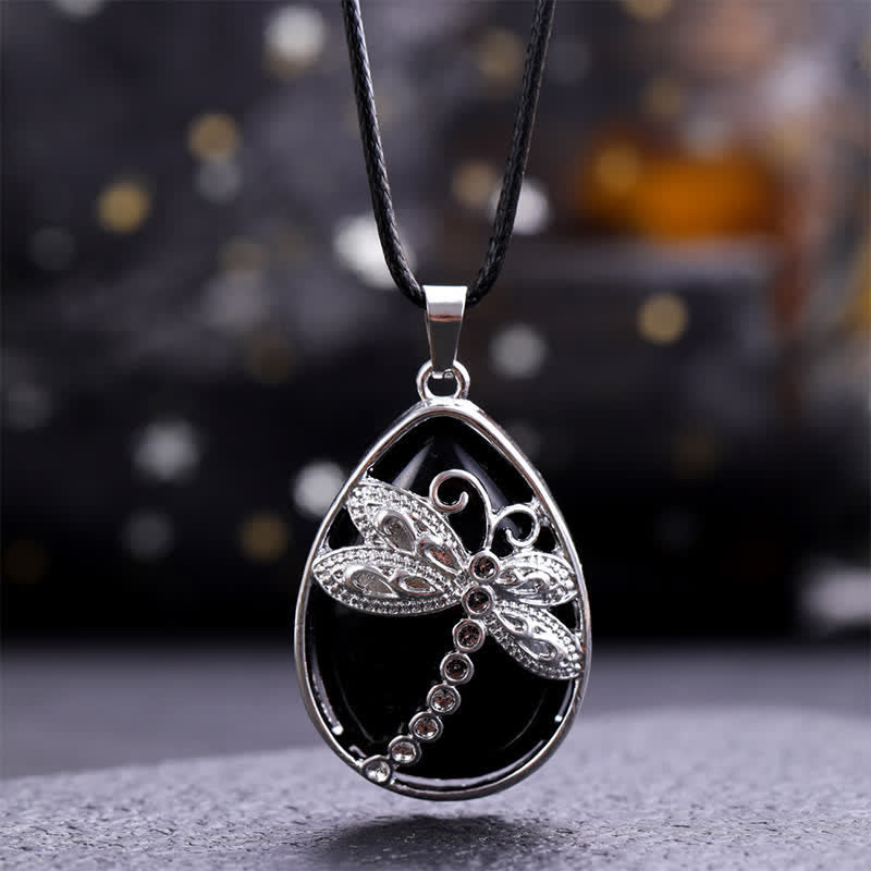 Buddha Stones Natural Green Aventurine Dragonfly Teardrop Shape Inlay Crystal Balance Necklace - Natural Black Obsidian(Color May Vary) - image 13