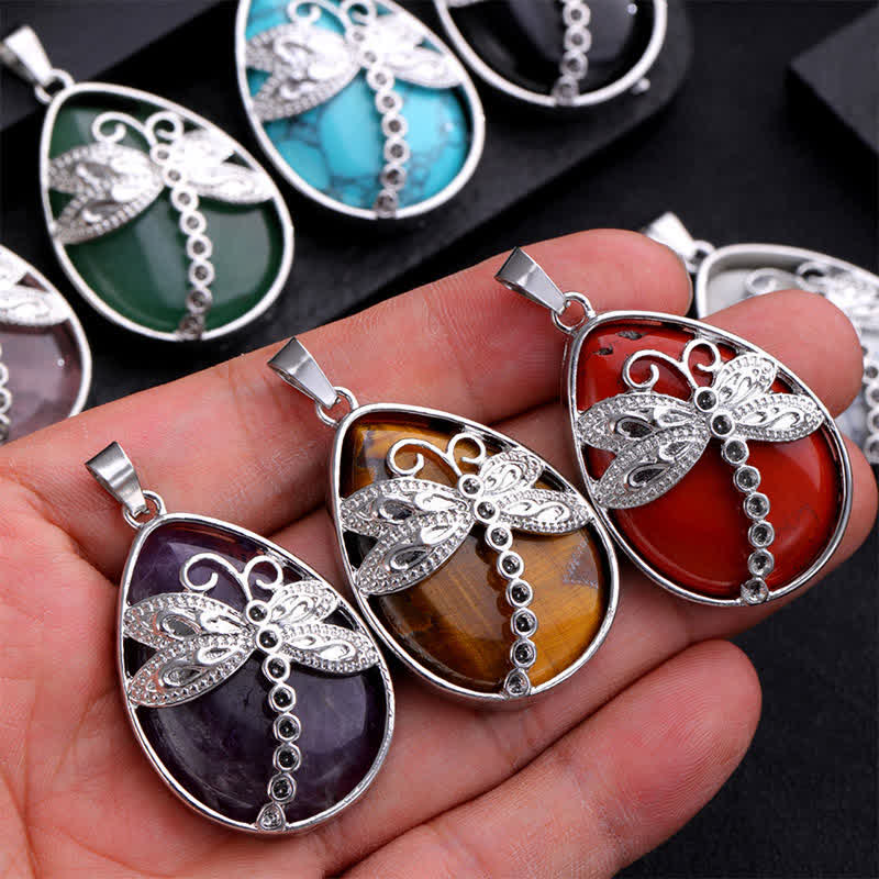 Buddha Stones Natural Green Aventurine Dragonfly Teardrop Shape Inlay Crystal Balance Necklace - image 26