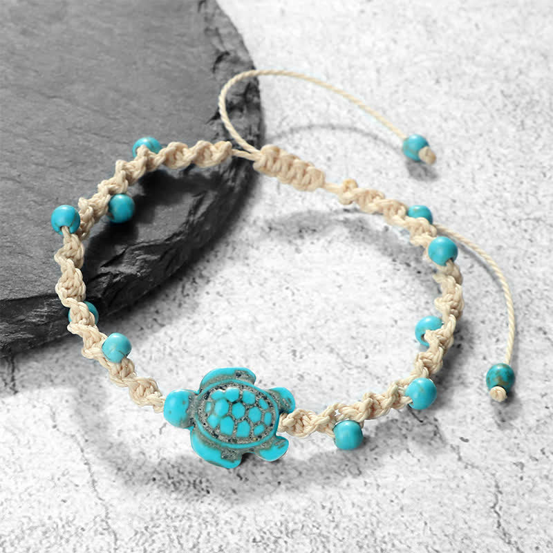 Buddha Stones Turquoise Turtle Design Braided Rope Protection Bracelet - Milky White Rope - image 0