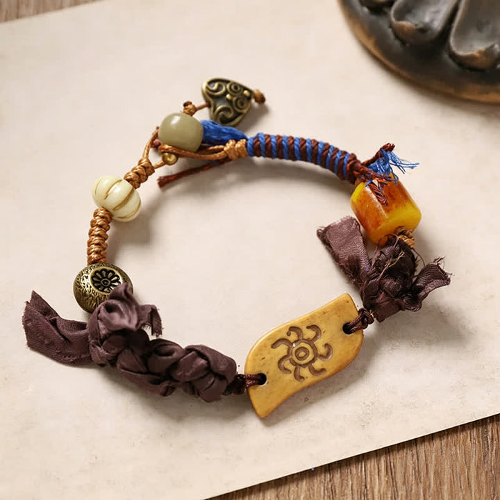 Buddha Stones Bone Fu Character Braided Rope Peace Bracelet - Sun Pattern Bone(Wrist Circumference:20-22cm) - image 4