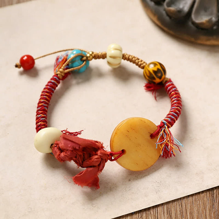Buddha Stones Bone Fu Character Braided Rope Peace Bracelet - Round Bone(Wrist Circumference:20-22cm) - image 0