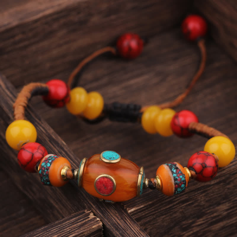 Buddha Stones Turquoise Amber Tibet Braided Rope Love Bracelet - Black Orange Rope(Wrist Circumference:15-21cm) - image 5