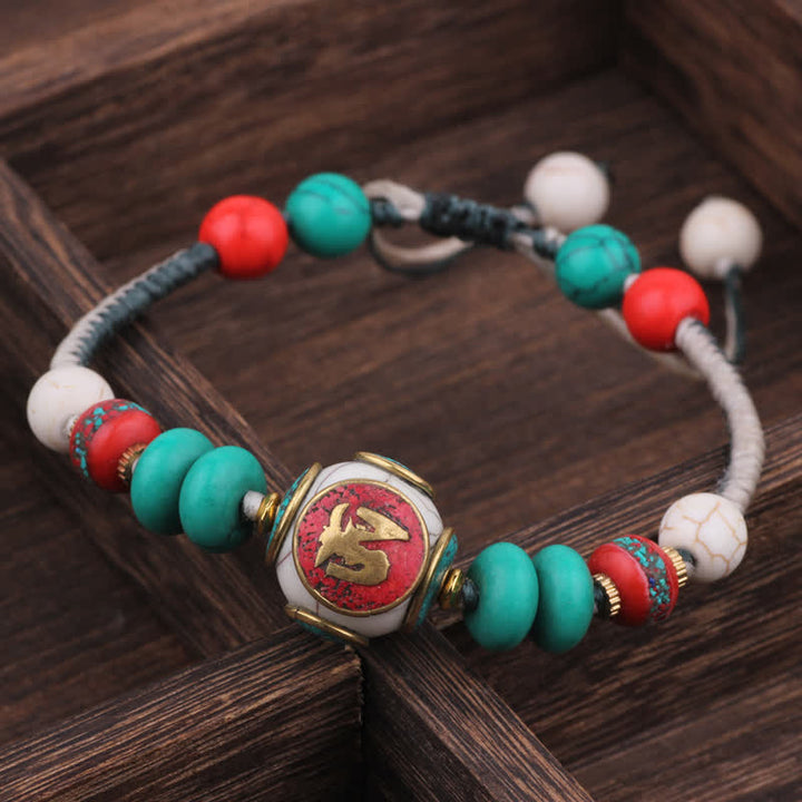 Buddha Stones Turquoise Amber Tibet Braided Rope Love Bracelet - Flat Turquoise Black White Rope(Wrist Circumference:15-21cm) - image 1