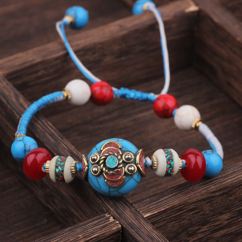 Buddha Stones Turquoise Amber Tibet Braided Rope Love Bracelet - White Blue Rope(Wrist Circumference:15-21cm) - image 8
