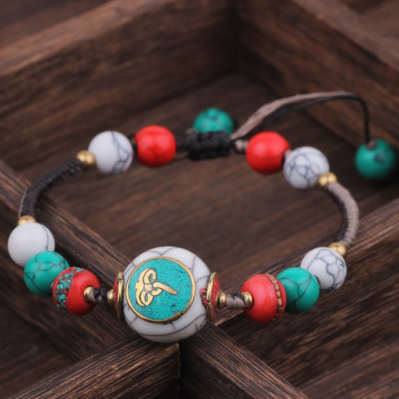 Buddha Stones Turquoise Amber Tibet Braided Rope Love Bracelet - Round Turquoise Black White Rope(Wrist Circumference:15-21cm) - image 13