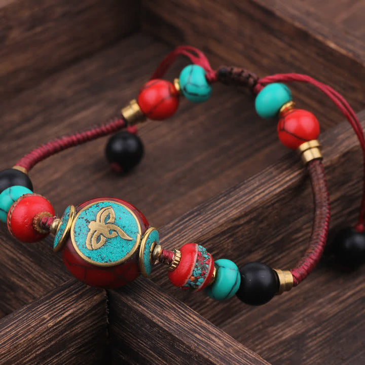 Buddha Stones Turquoise Amber Tibet Braided Rope Love Bracelet - Dark Red Rope(Wrist Circumference:15-21cm) - image 11