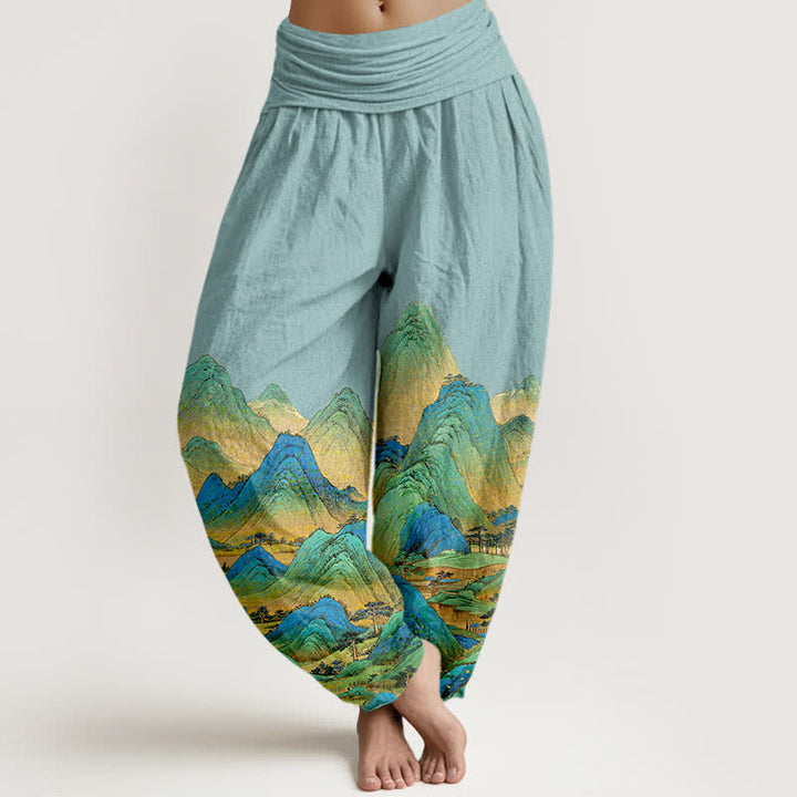 Buddha Stones Pure Cotton Blue Green Mountain Landscape Pattern Women's Elastic Waist Harem Pants - PaleTurquoise - US16，UK/AU20，EU48 (3XL) - image 0