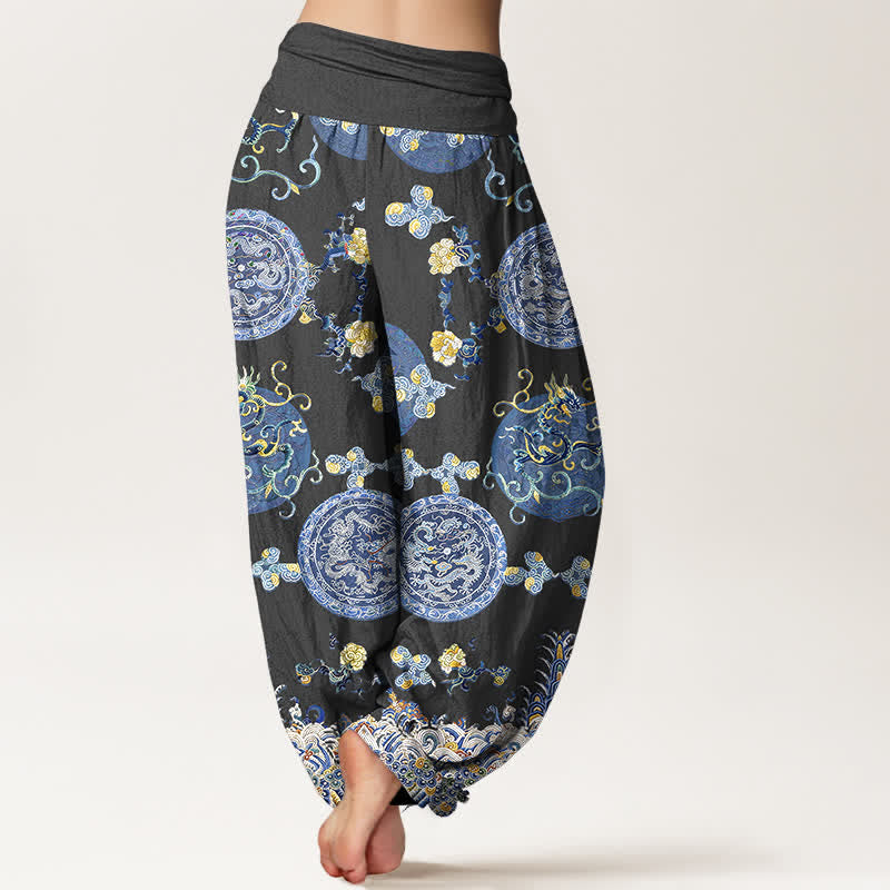 Buddha Stones Cotton Indigo Medallion Dragon Pattern Women's Elastic Waist Harem Pants - image 1