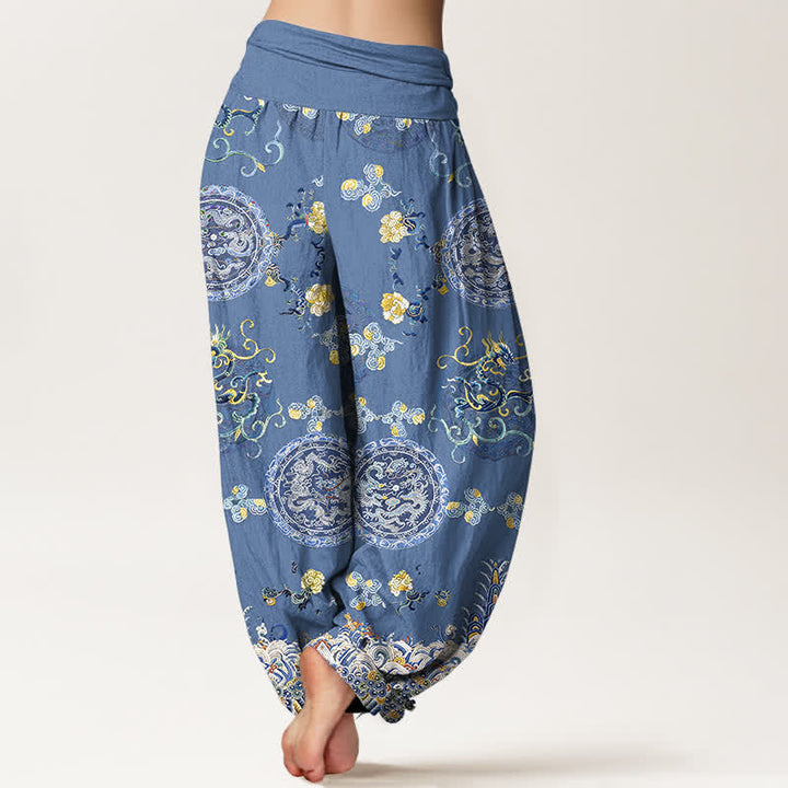 Buddha Stones Cotton Indigo Medallion Dragon Pattern Women's Elastic Waist Harem Pants - image 6