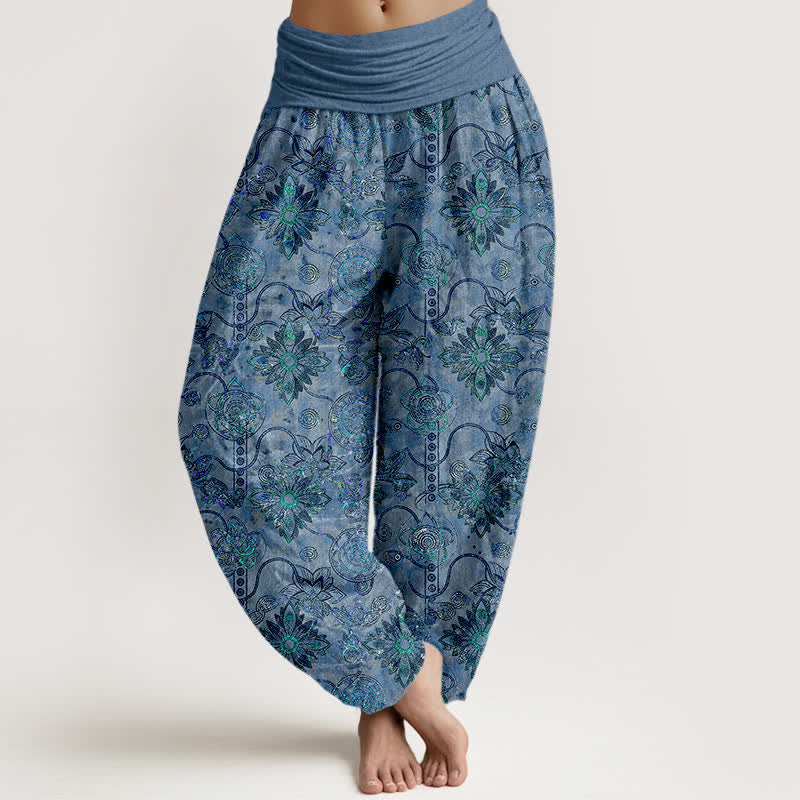 Buddha Stones Pure Cotton Olive Boho Floral Diamond Pattern Women's Elastic Waist Harem Pants - SteelBlue - US16，UK/AU20，EU48 (3XL) - image 8