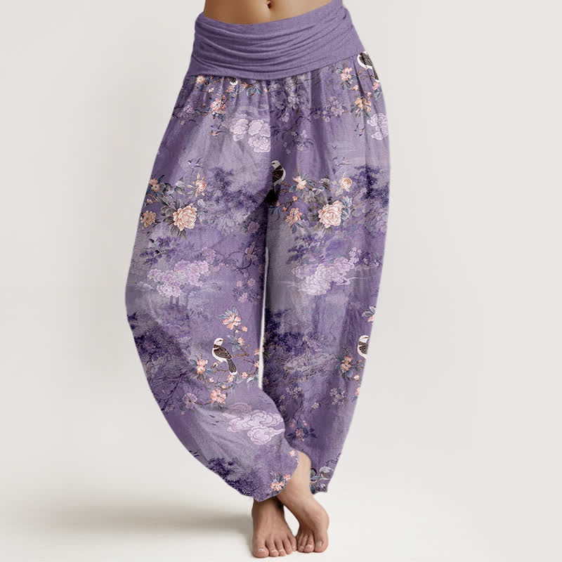 Buddha Stones Pure Cotton Floral Bird Pattern Women's Elastic Waist Harem Pants - MediumPurple - US16，UK/AU20，EU48 (3XL) - image 0