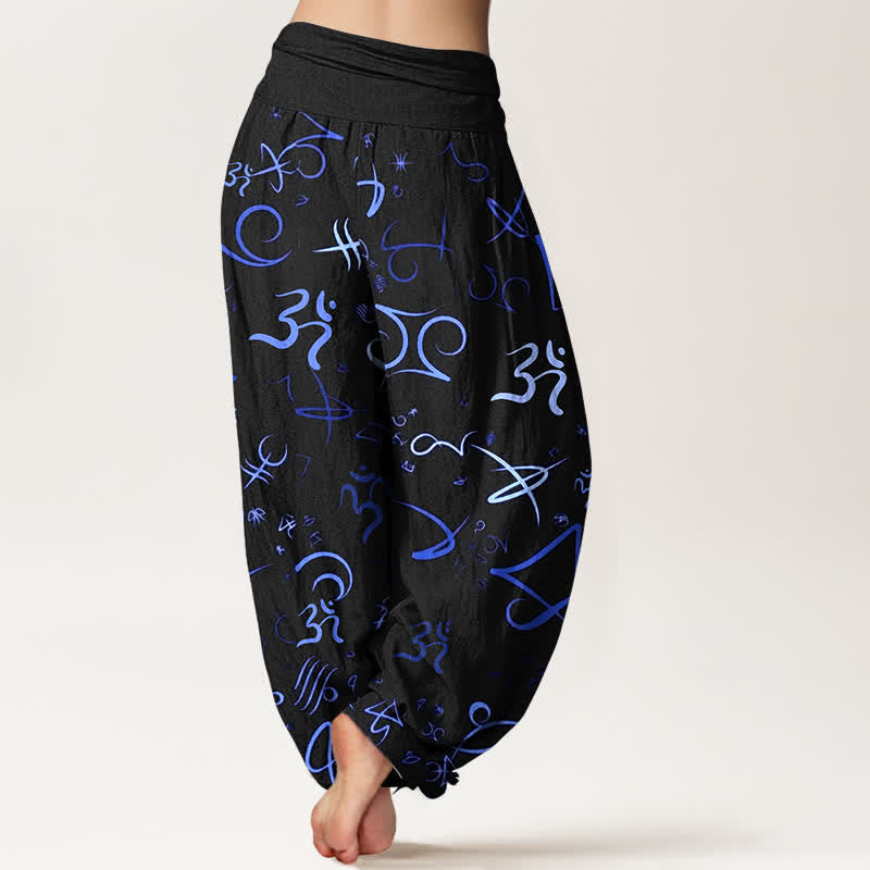 Buddha Stones Pure Cotton Blue OM Symbol Pattern Women's Elastic Waist Harem Pants - image 1