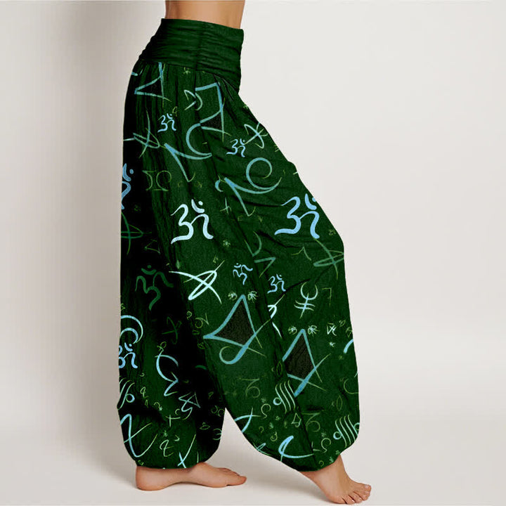 Buddha Stones Pure Cotton Blue OM Symbol Pattern Women's Elastic Waist Harem Pants - image 10