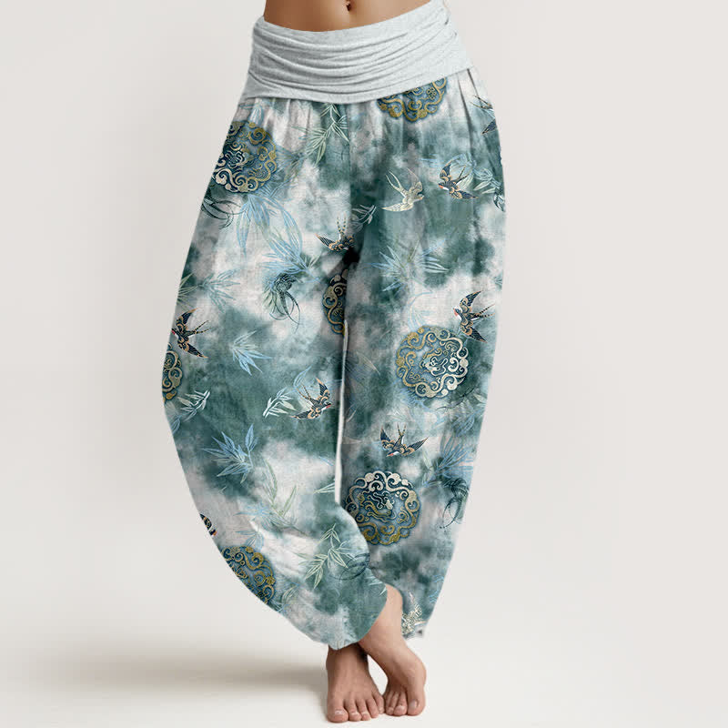 Buddha Stones Pure Cotton Cloud Medallion and Bird Pattern Women's Elastic Waist Harem Pants - DarkCyan - US16，UK/AU20，EU48 (3XL) - image 5