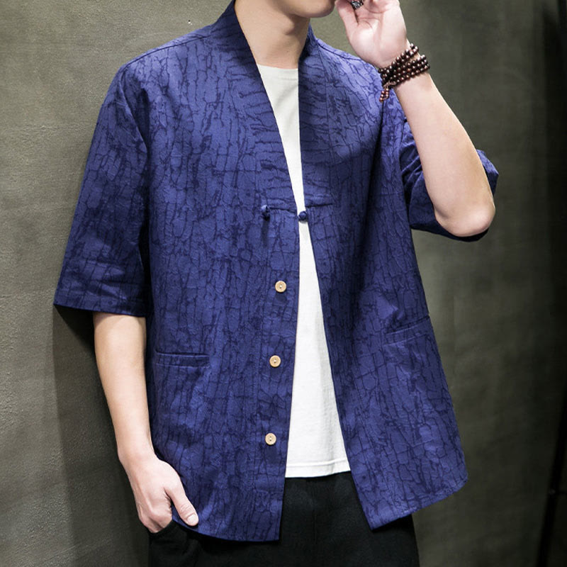 Buddha Stones Summer V-Neck Buttons Shattered Pattern Men's Short Sleeve Shirt With Pockets - image 19
