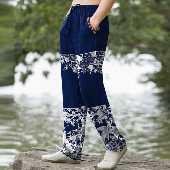 Buddha Stones Cotton Ivory Floral Band Pattern Men's Tapered Pants With Pockets - image 5