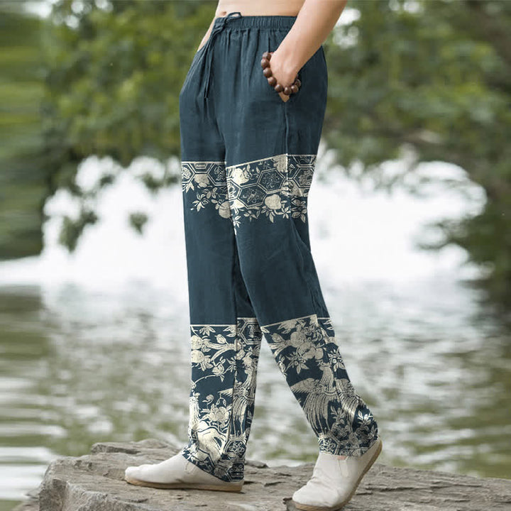 Buddha Stones Cotton Ivory Floral Band Pattern Men's Tapered Pants With Pockets - image 7
