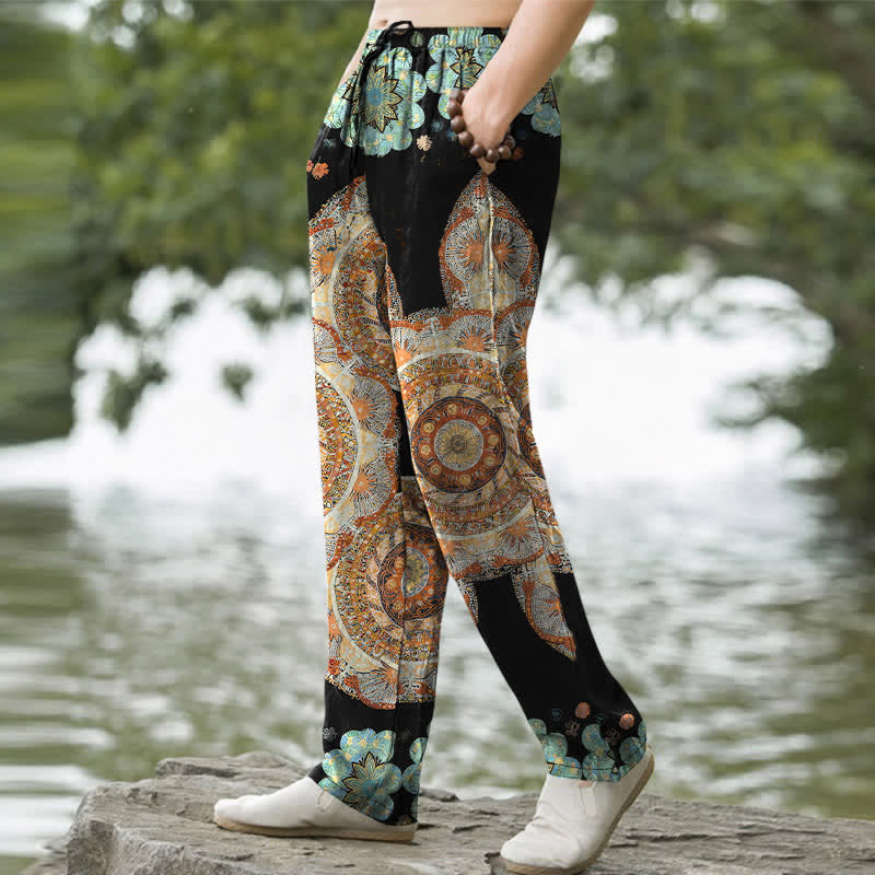Buddha Stones Pure Cotton Mandala Floral Pattern Men's Tapered Pants With Pockets - image 1