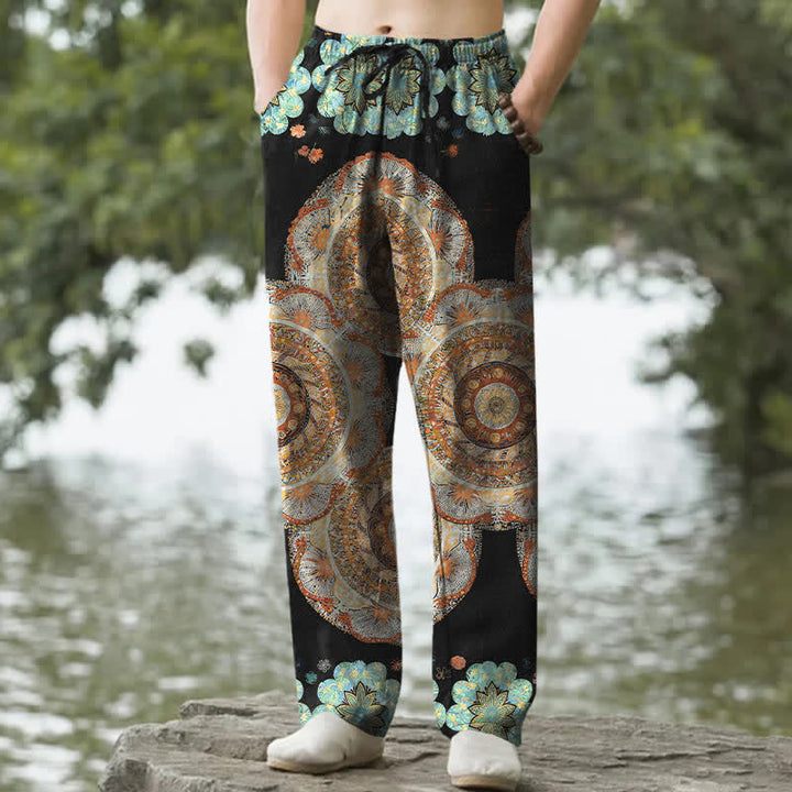 Buddha Stones Pure Cotton Mandala Floral Pattern Men's Tapered Pants With Pockets - Black - US/UK/AU50，EU60 (5XL) - image 0