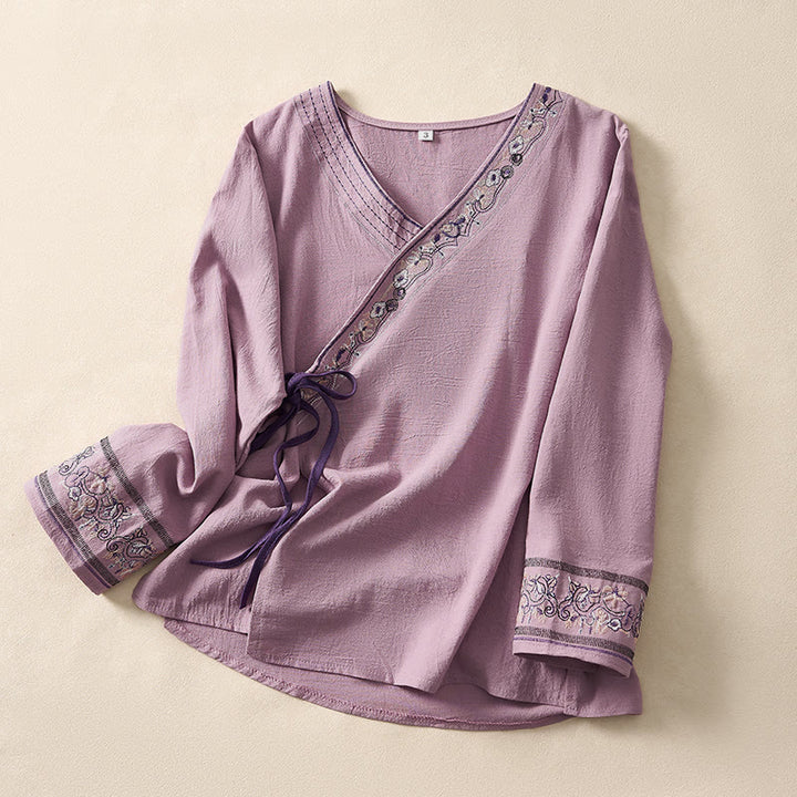 Buddha Stones Casual Embroidered Flowers Slant Collar Strap Long Sleeve Women's Shirt - Orchid - US8-10，UK/AU12-14，EU40-42 (3XL) - image 13