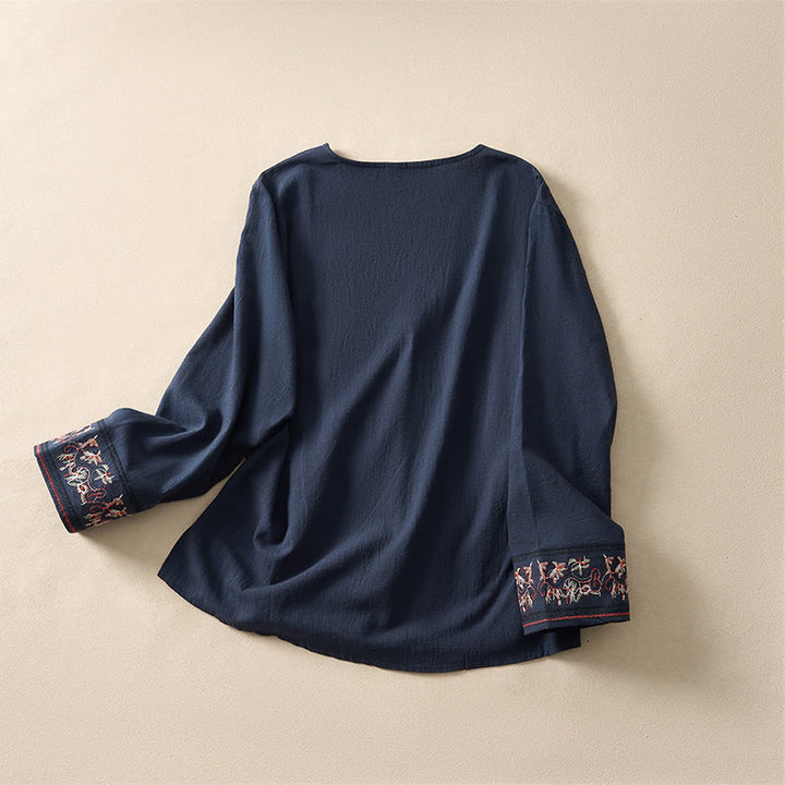 Buddha Stones Casual Embroidered Flowers Slant Collar Strap Long Sleeve Women's Shirt - image 24