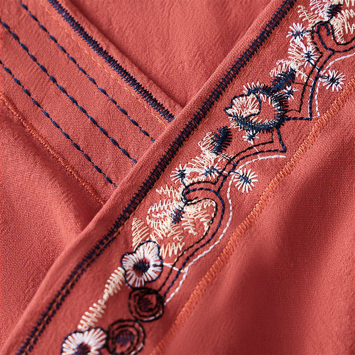 Buddha Stones Casual Embroidered Flowers Slant Collar Strap Long Sleeve Women's Shirt - image 5
