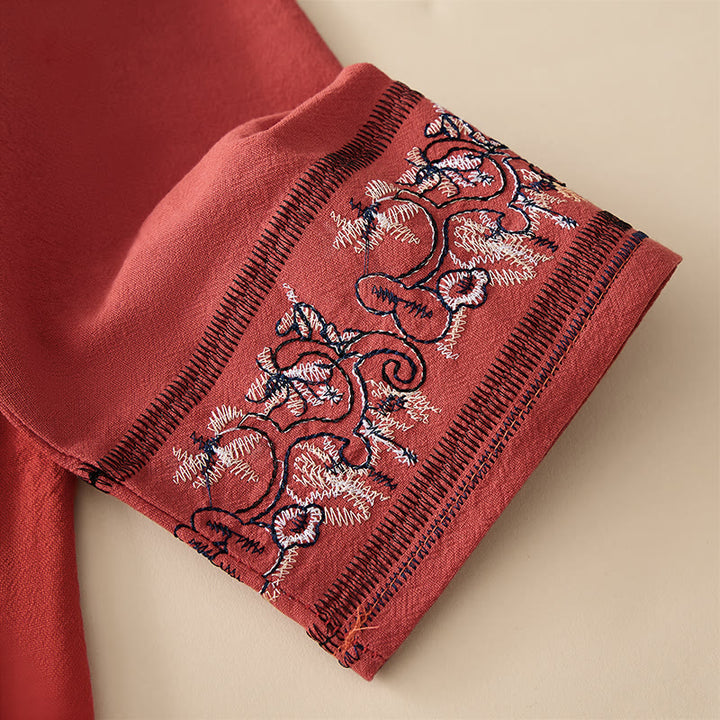 Buddha Stones Casual Embroidered Flowers Slant Collar Strap Long Sleeve Women's Shirt - image 3