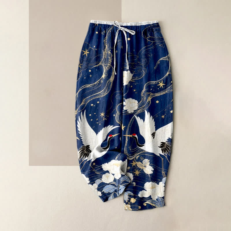 Buddha Stones Pure Cotton Elegant Crane Floral Pattern Women's Elastic Waist Pants With Pockets - Navy - US16，UK/AU20，EU48 (3XL) - image 0