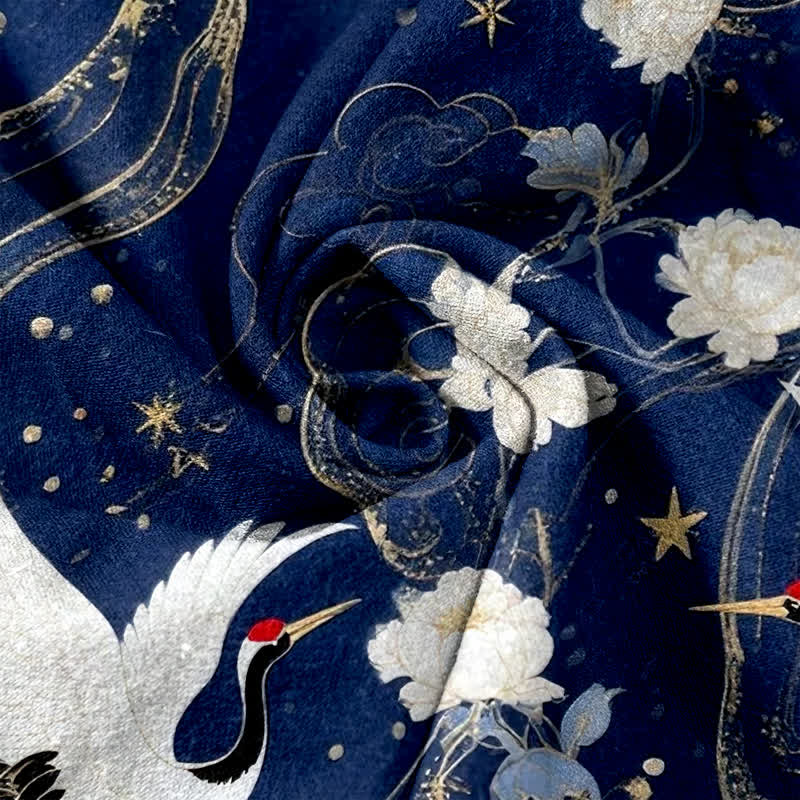 Buddha Stones Pure Cotton Elegant Crane Floral Pattern Women's Elastic Waist Pants With Pockets - image 3