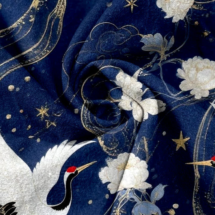 Buddha Stones Pure Cotton Elegant Crane Floral Pattern Women's Elastic Waist Pants With Pockets - image 3